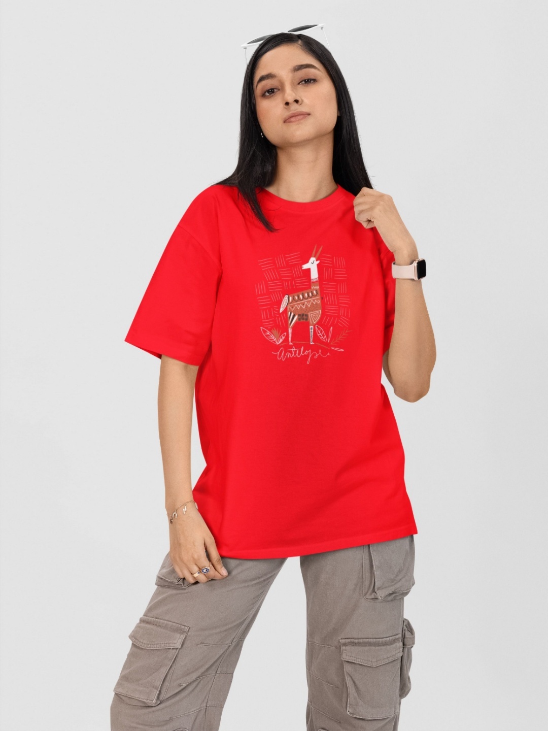 

Moda Rapido Women Printed Drop-Shoulder Sleeves Applique T-shirt, Red