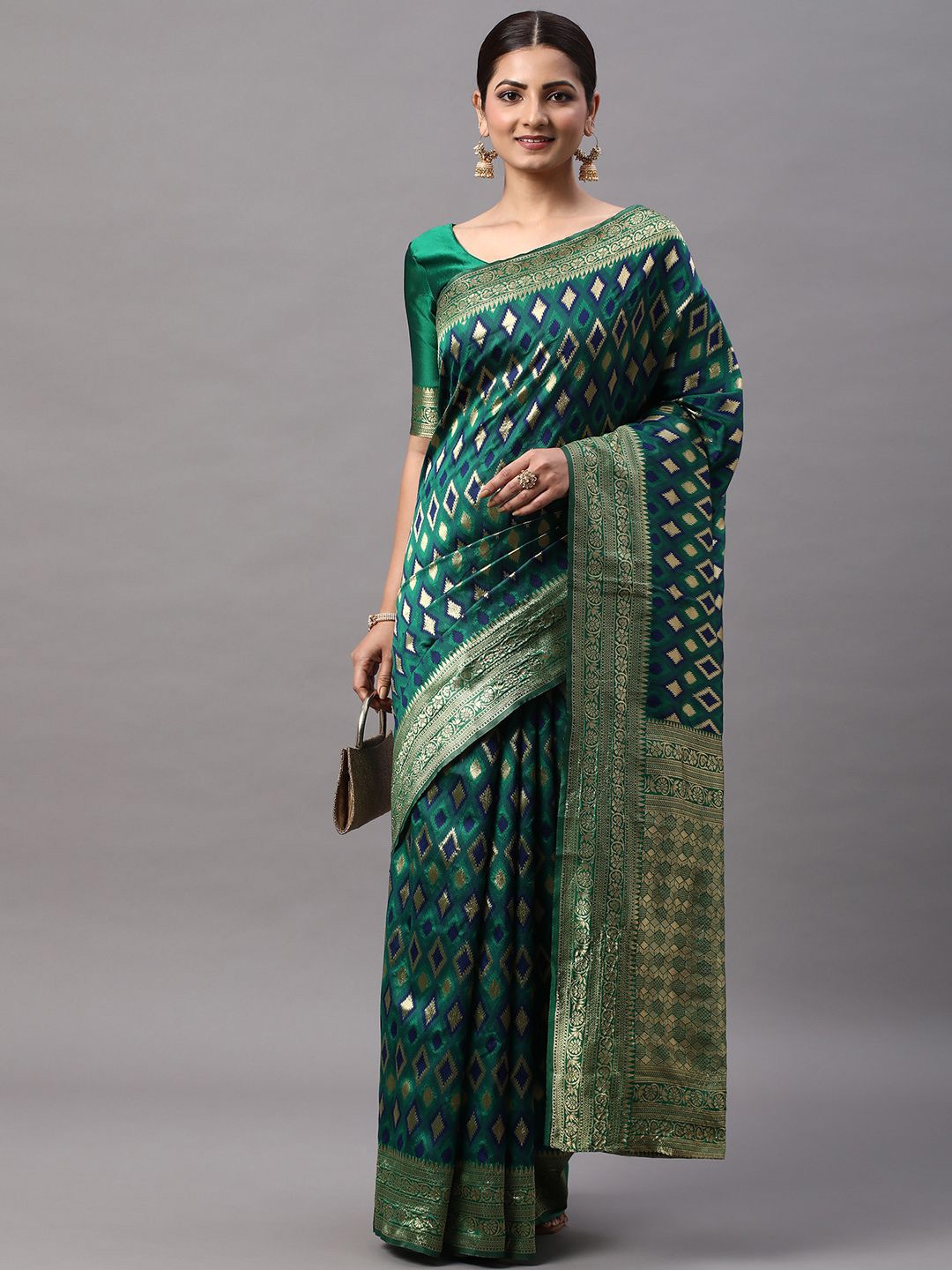 

KALINI Woven Design Zari Silk Blend Kanjeevaram Saree, Green