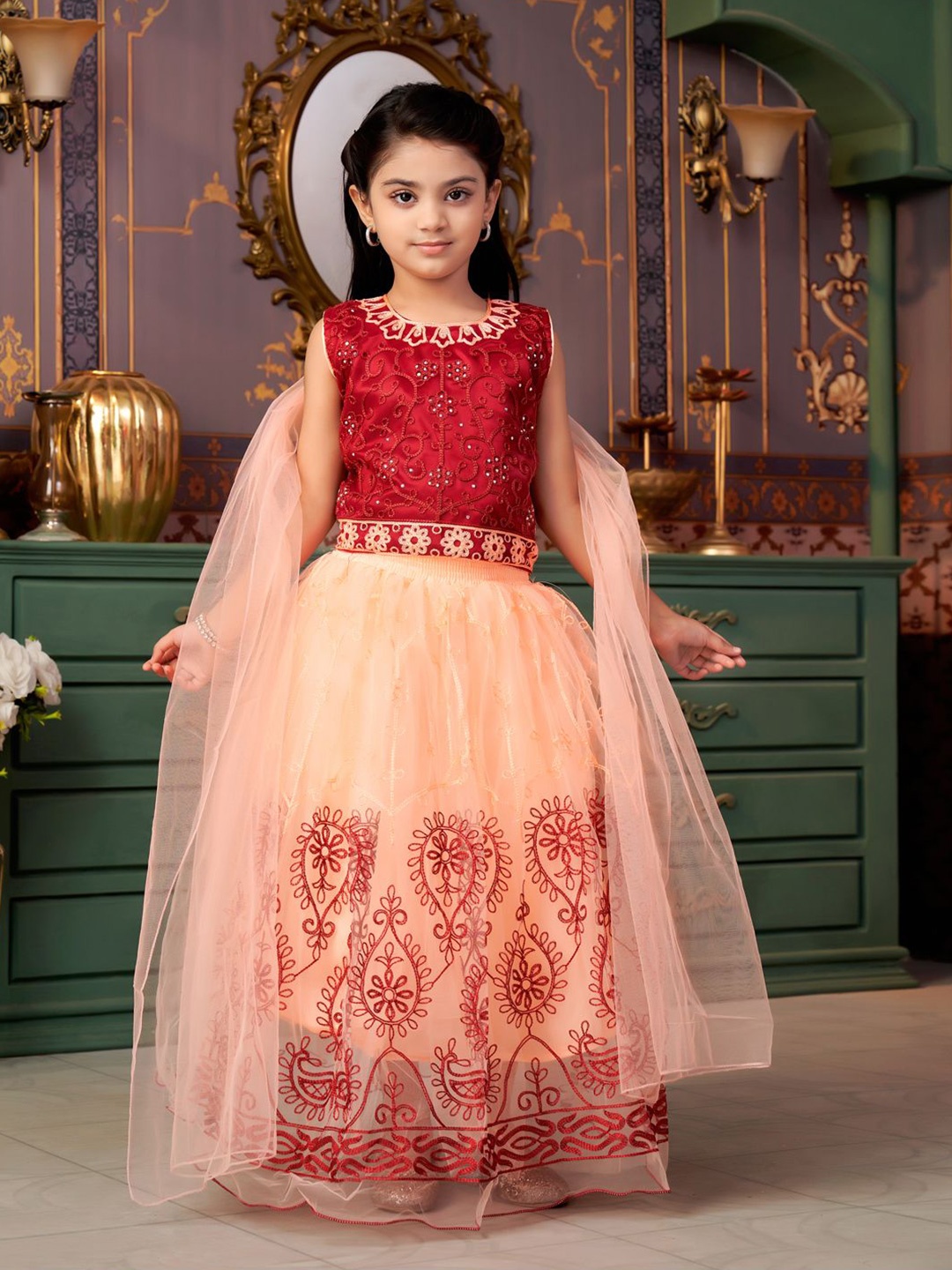 

Aarika Girls Embroidered Ready to Wear Lehenga & Blouse With Dupatta, Maroon