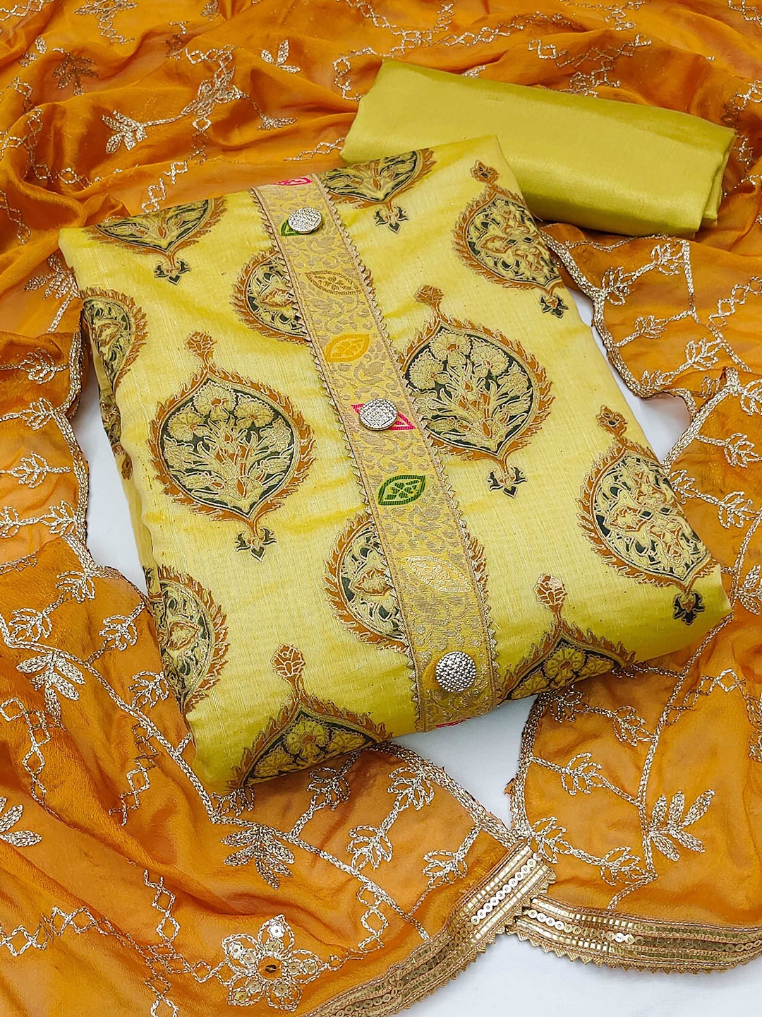 

SAINOOR Embroidered Semi-Stitched Dress Material, Mustard