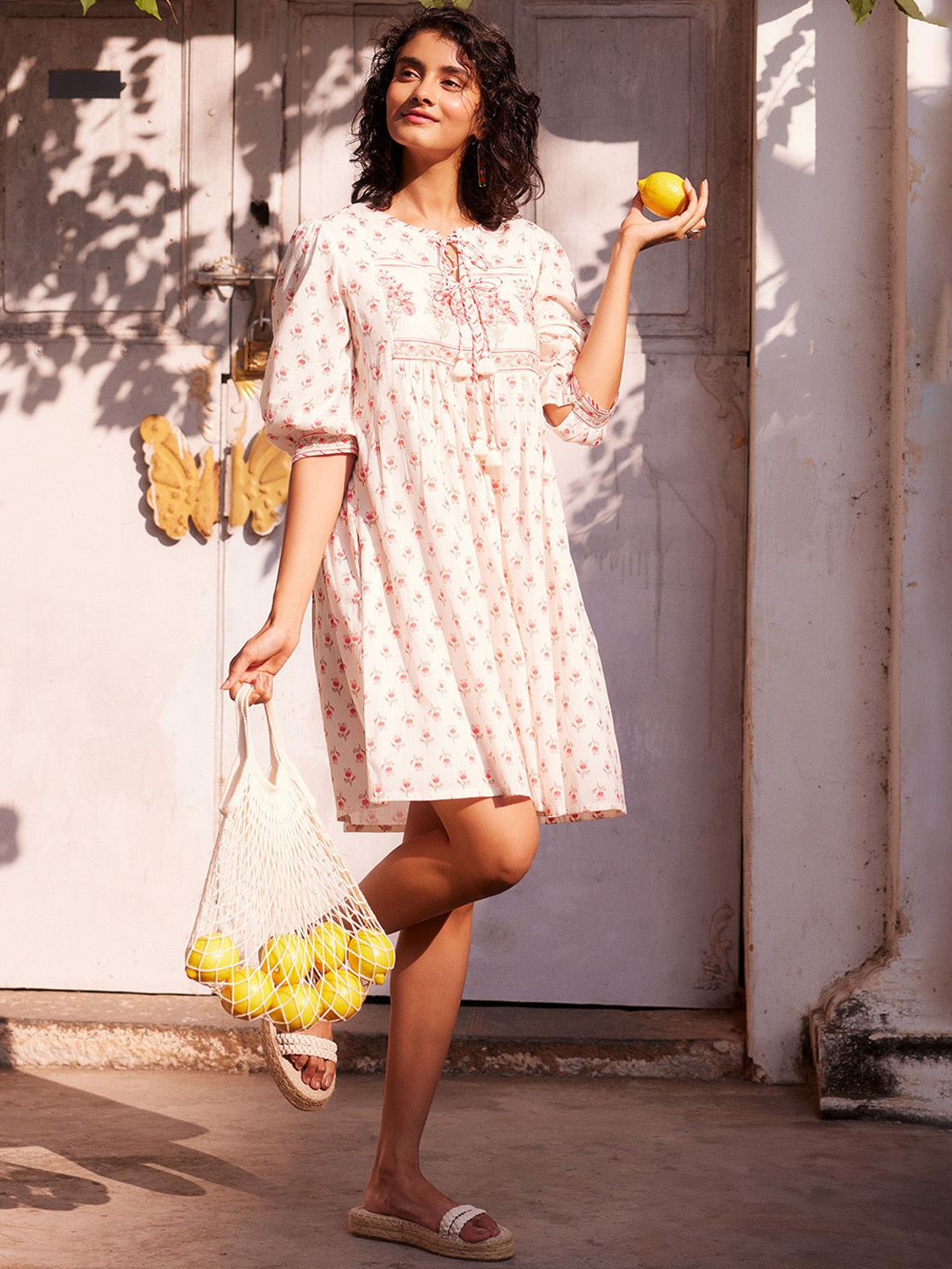 

Global Desi Floral Printed Pure Cotton Above Knee Length A-Line Dress, Off white