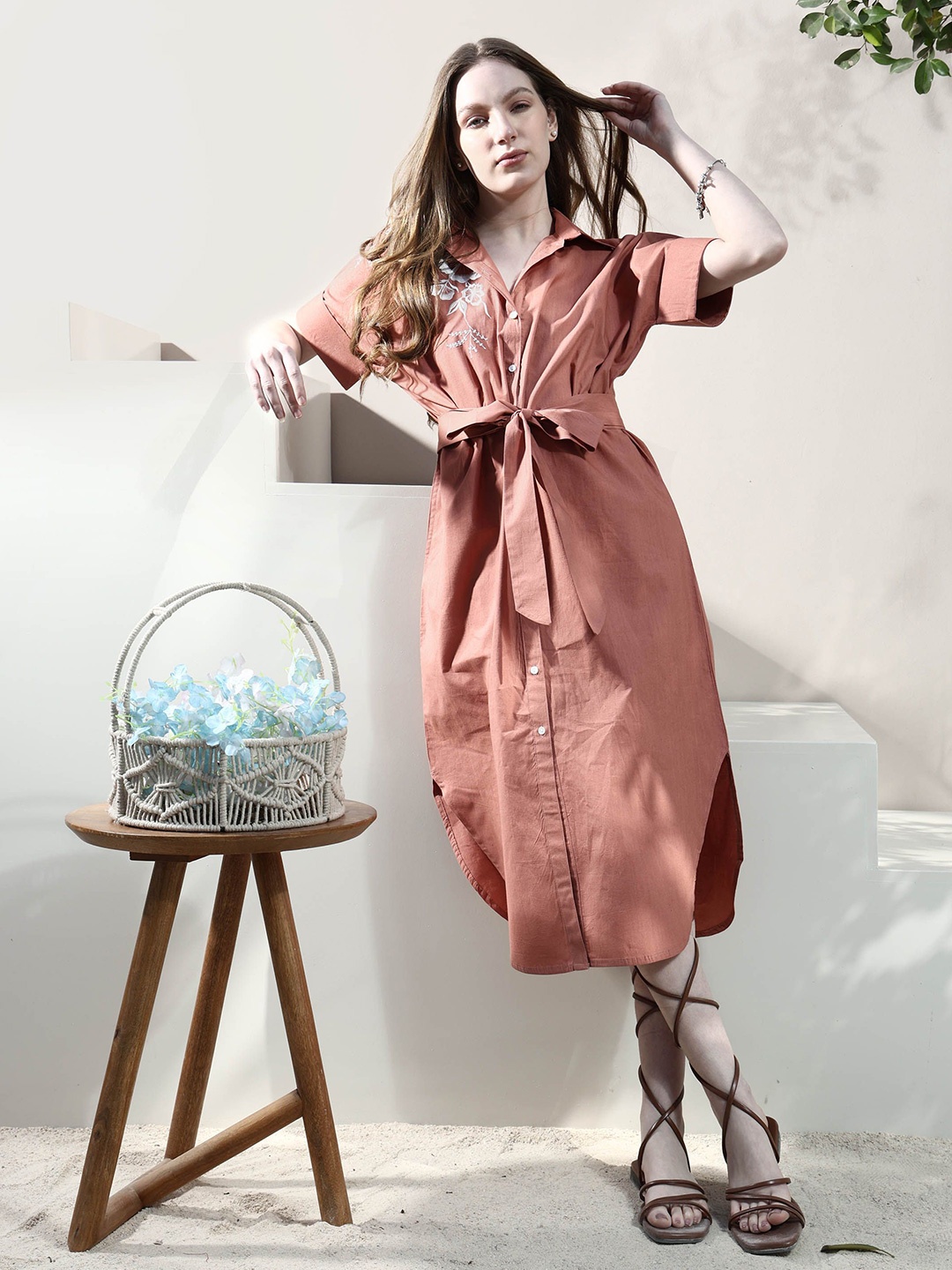 

Boho By Athena Floral Embroidered Shirt Midi Dress, Brown