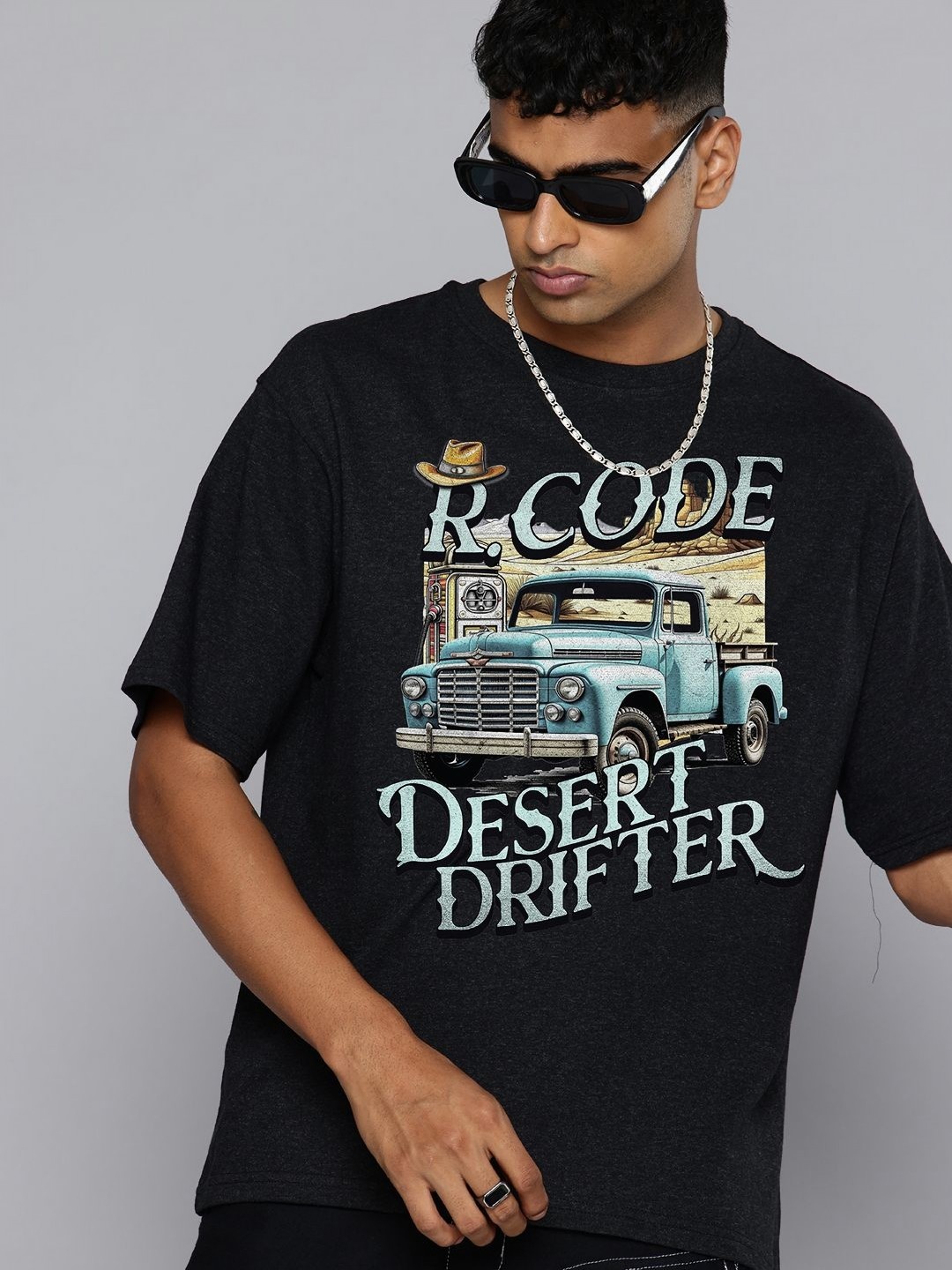 

R.Code by The Roadster Life Co. Men Printed Applique T-shirt, Charcoal