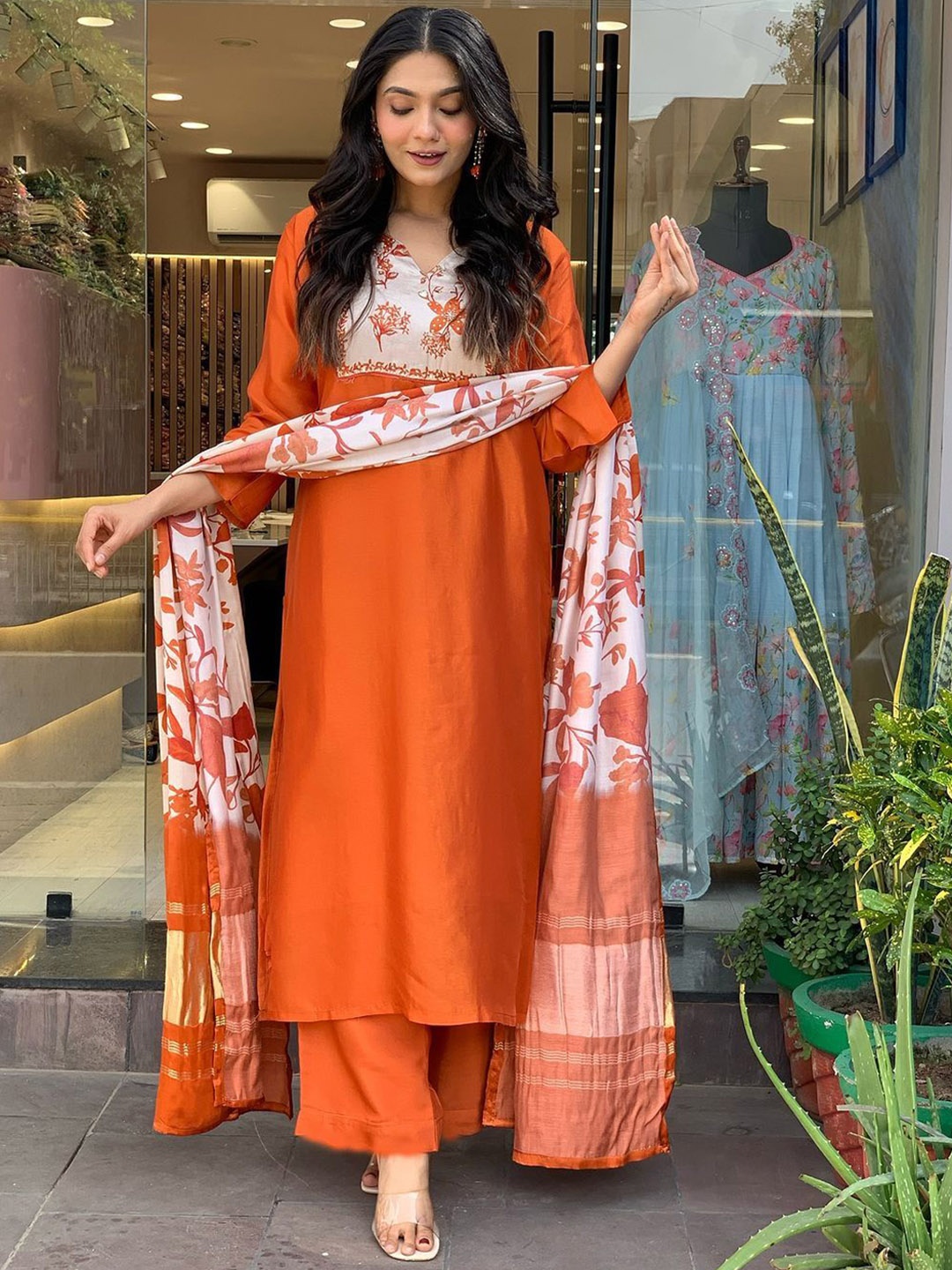 

mimi design Floral Embroidered Sequinned Straight Kurta with Palazzo & Dupatta, Rust
