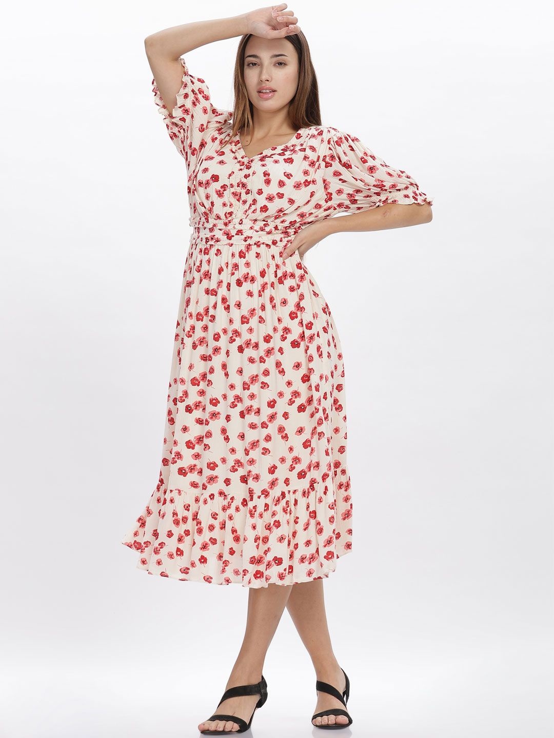 

B BLUBERYL - Comfort Inside Out Floral Print Chiffon A-Line Midi Dress, Off white