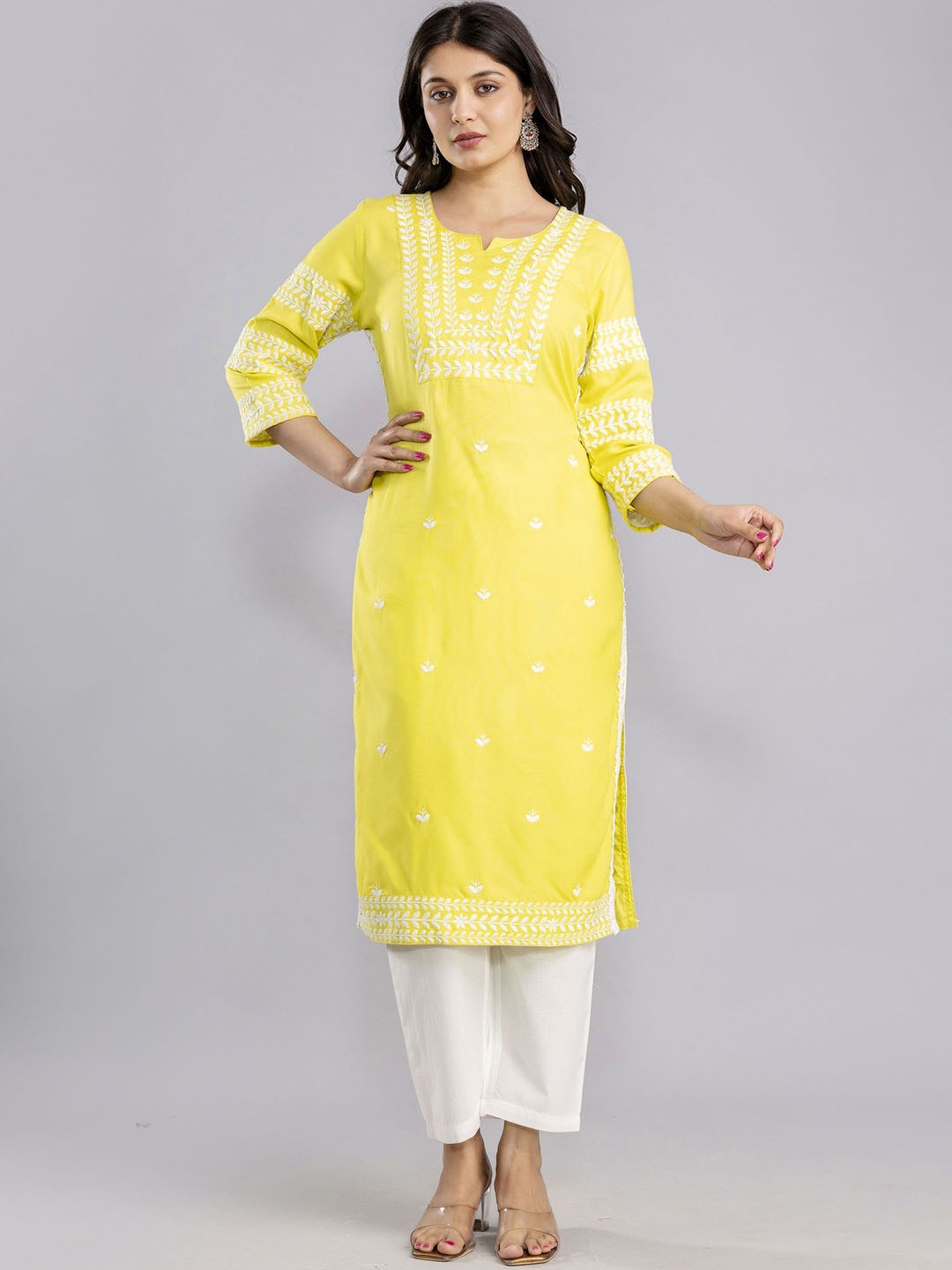 

MF Hayat Women Embroidered Floral Kurta, Yellow