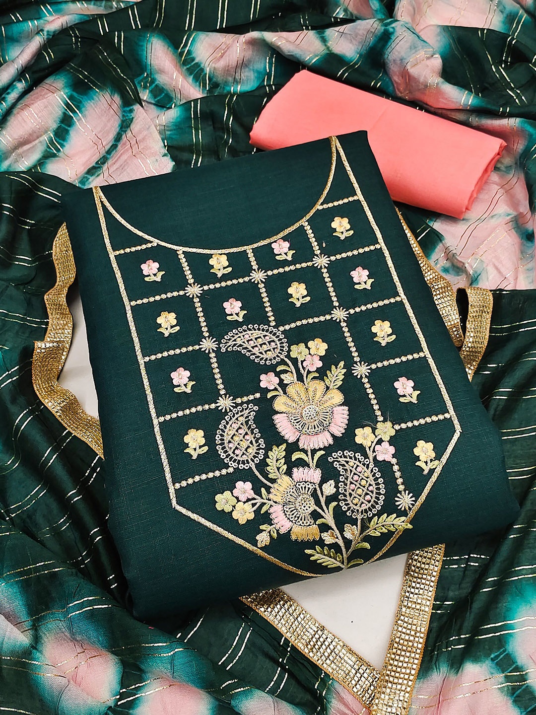 

SAINOOR Embroidered Pure Cotton Semi-Stitched Dress Material, Green