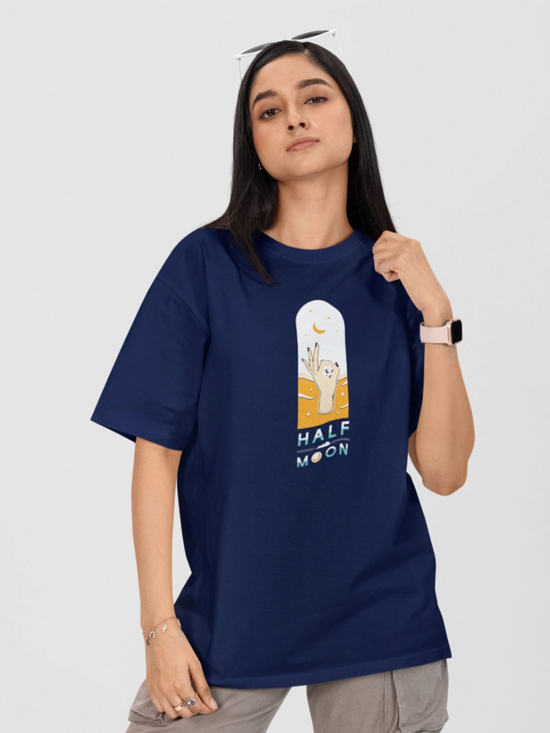 

Moda Rapido Women Printed Drop-Shoulder Sleeves Applique T-shirt, Navy blue