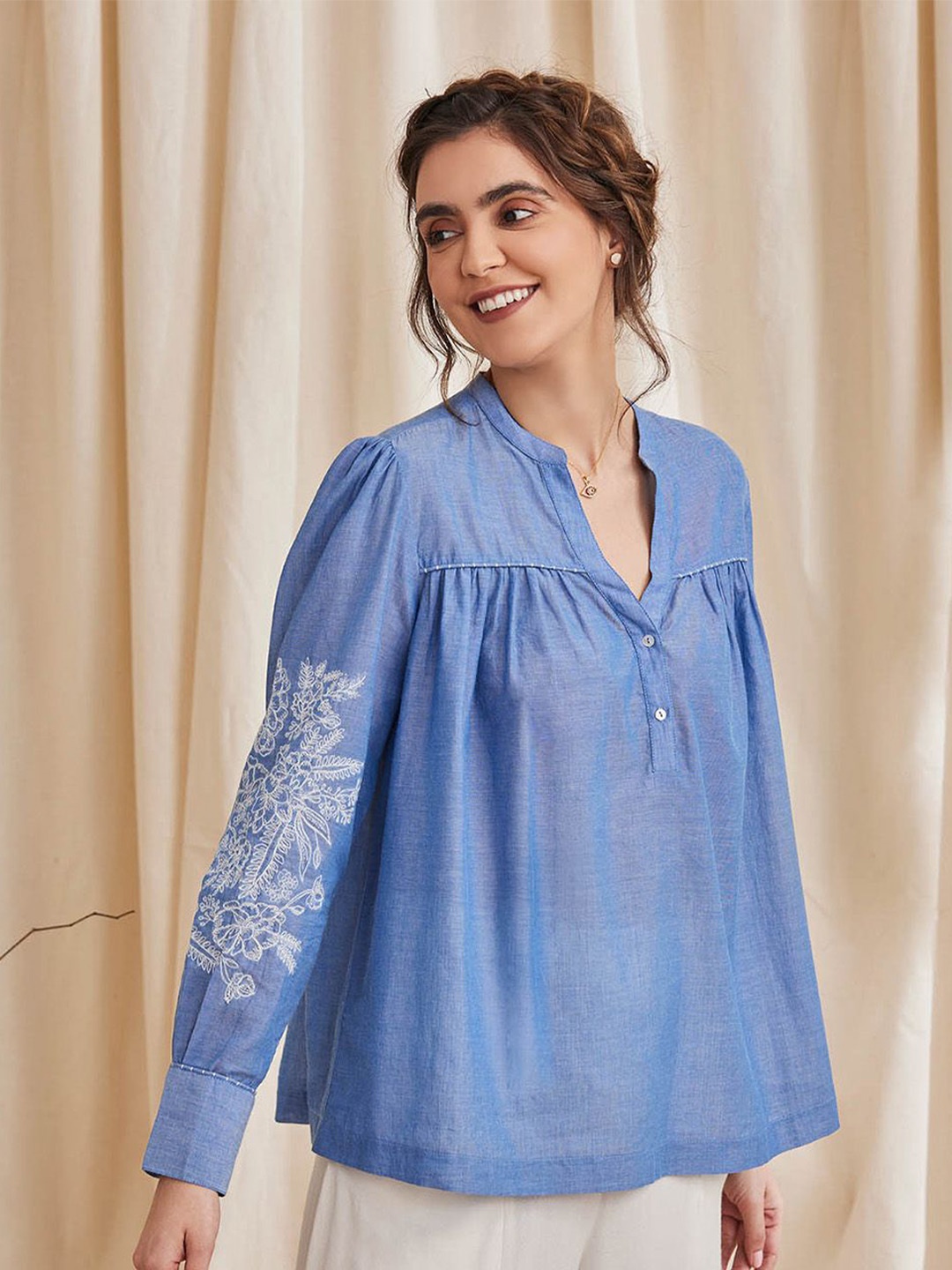 

B77 Mandarin Collar Organic Cotton Georgette Top, Blue