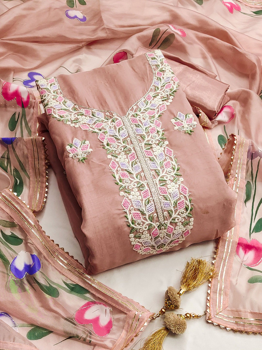 

SAINOOR Embroidered Organza Semi-Stitched Dress Material, Pink