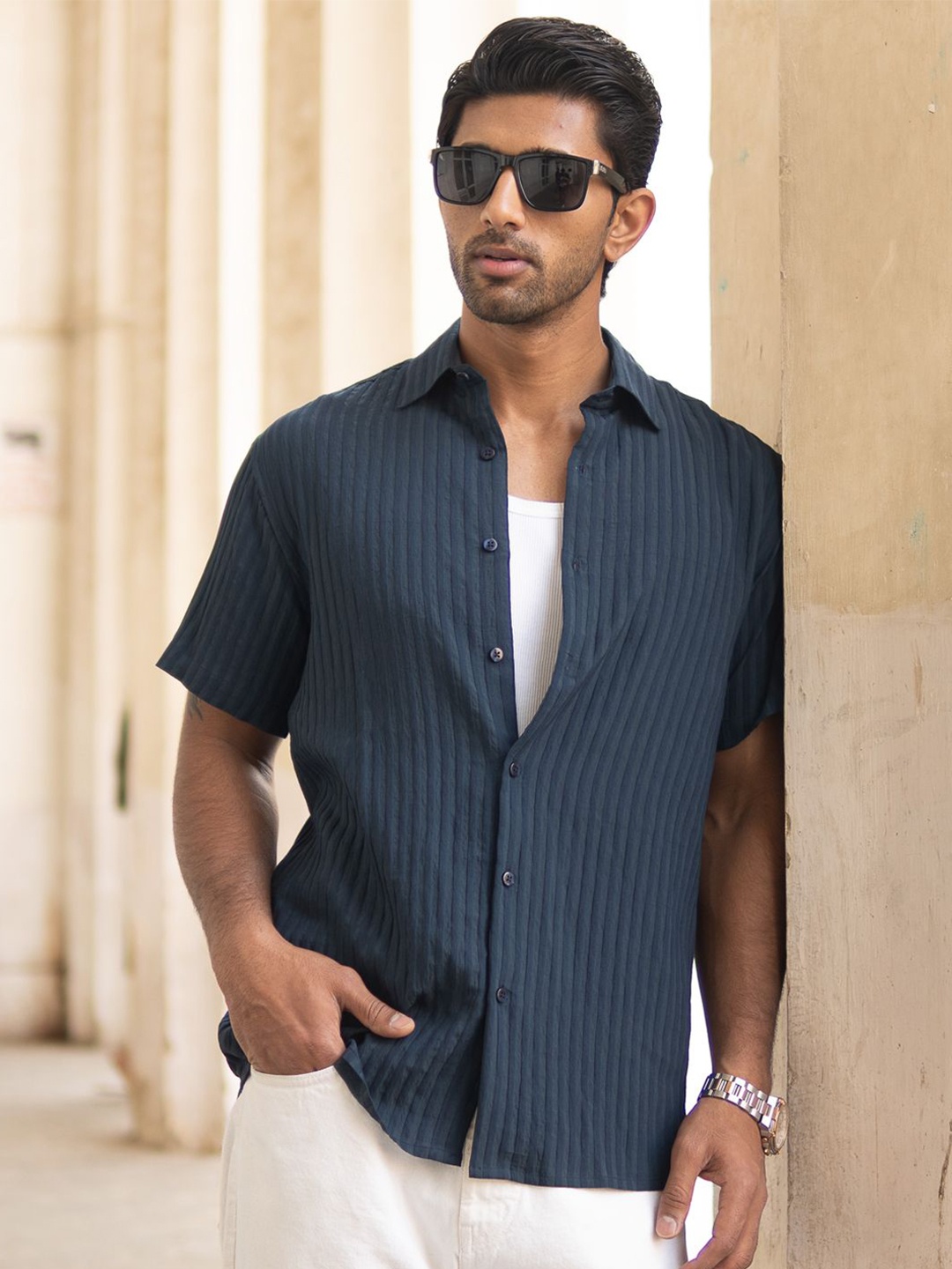 

Powerlook Men Opaque Casual Shirt, Navy blue