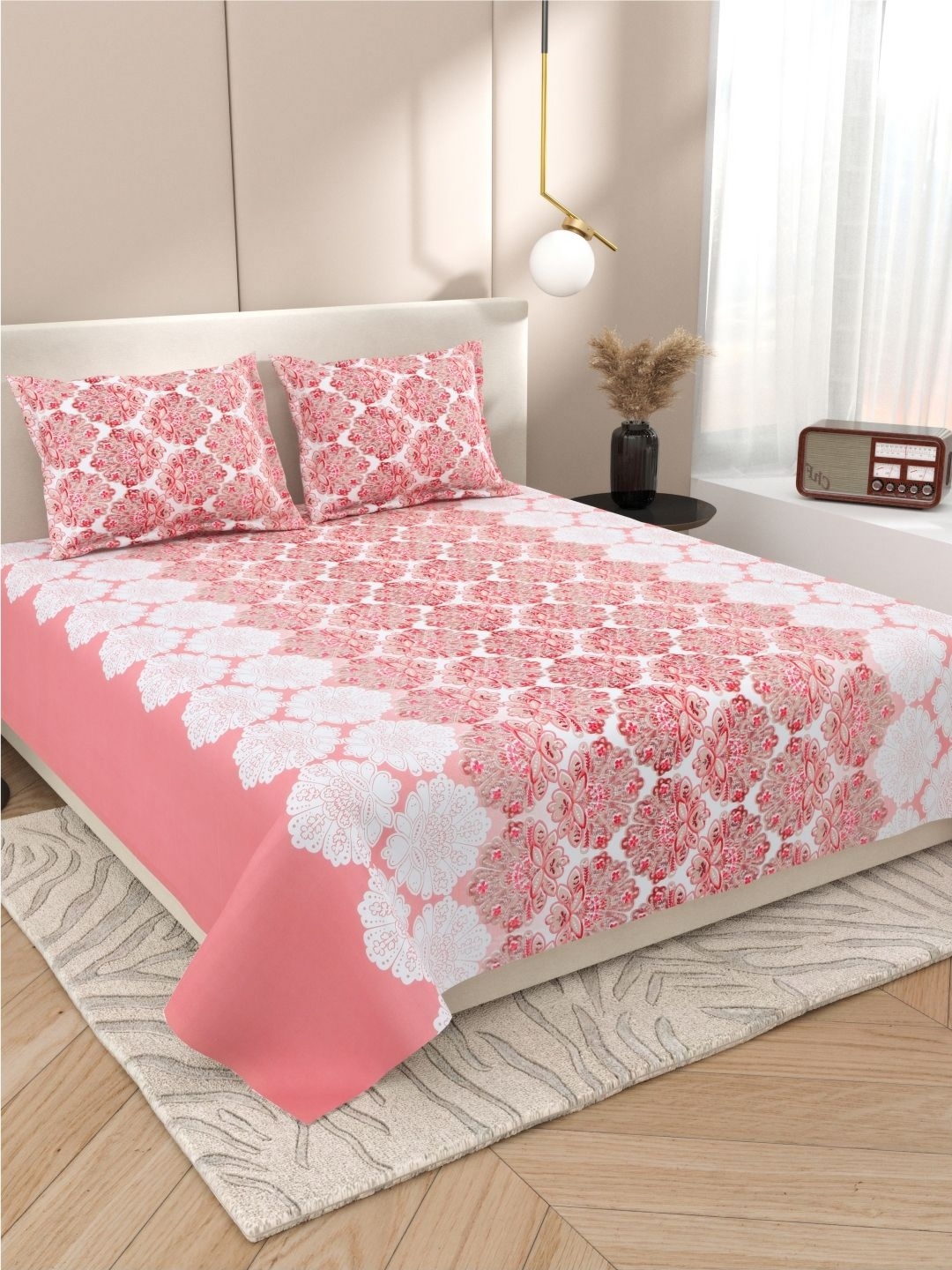 

Myntra Elegant Homes White & Rose Ethnic Motifs 220 TC King Bedsheet with 2 Pillow Covers