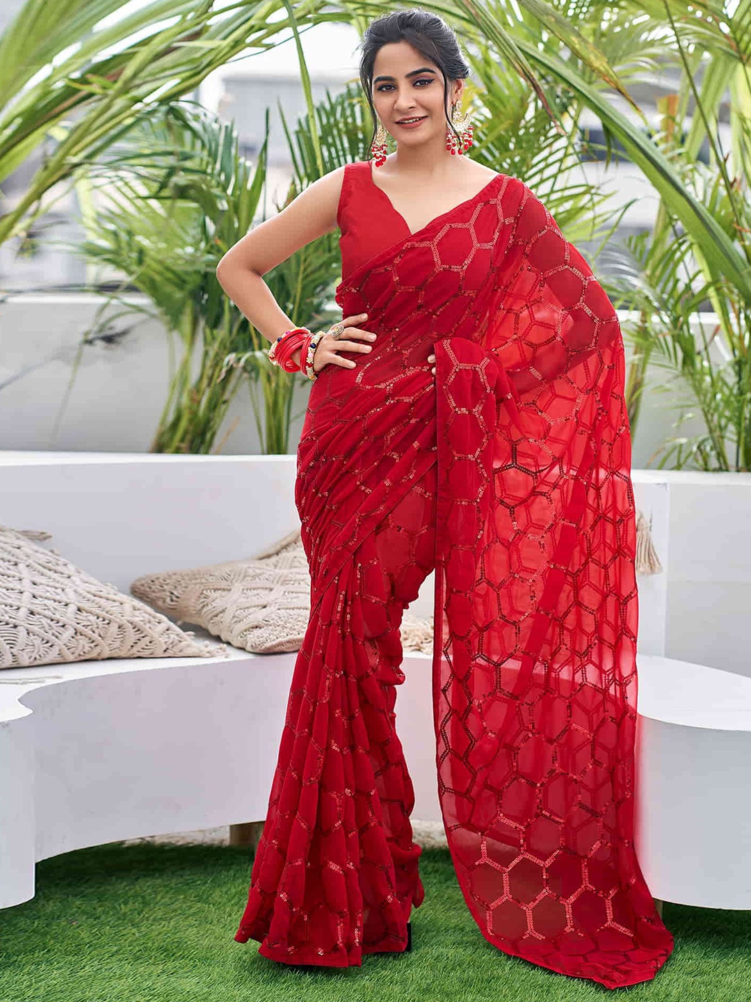

SWADESI STUFF Embellished Sequinned Pure Georgette Saree, Red