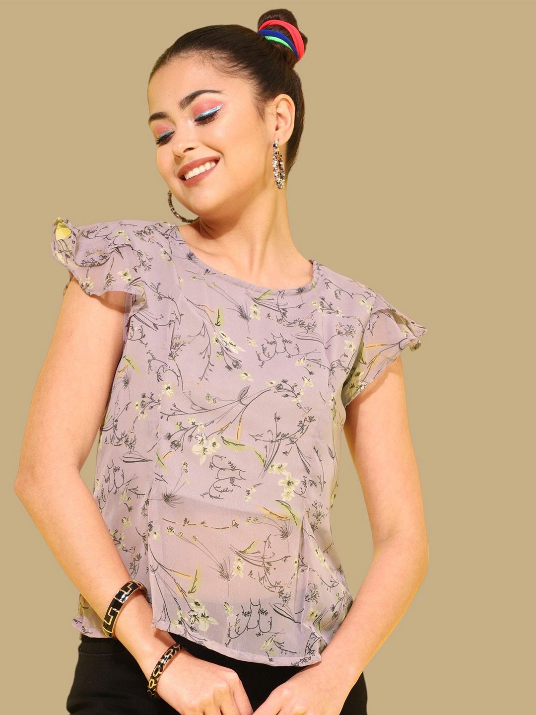 

Chemistry Floral Print Flutter Sleeve Ruffles Georgette Top, Silver