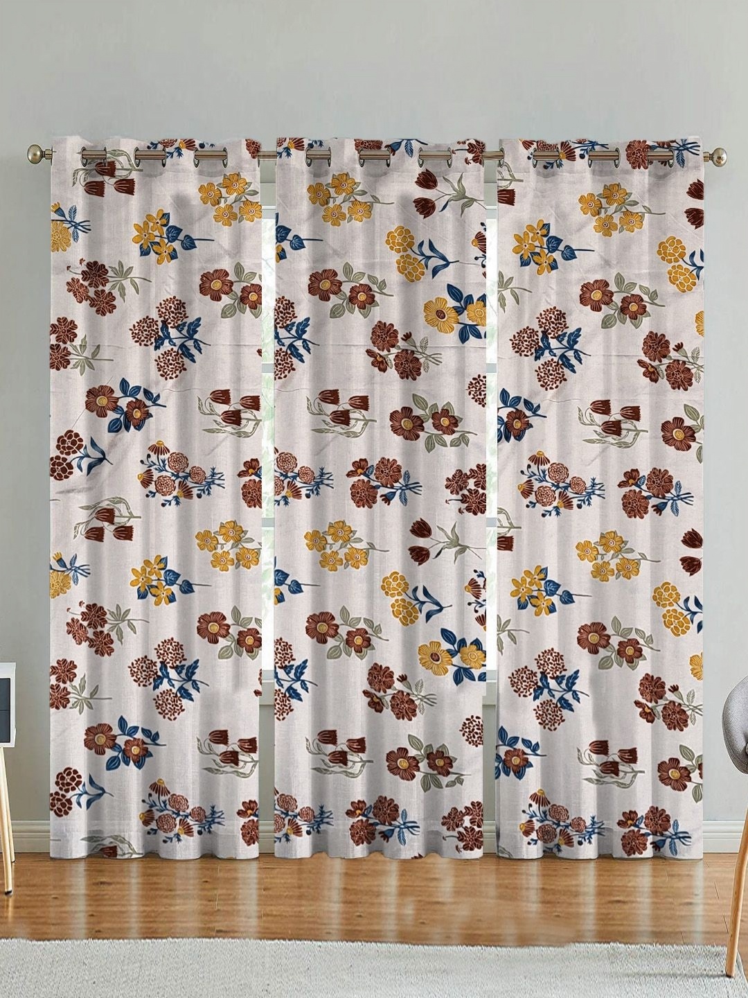 

ANA White & Red Set of 3 Floral Room Darkening Long Door Curtain
