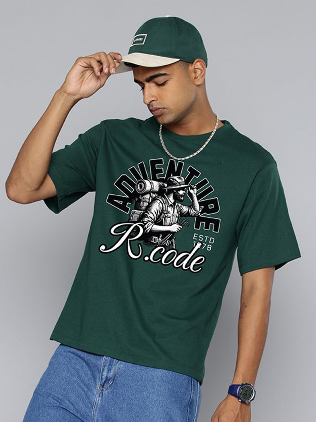 

R.Code by The Roadster Life Co. Men Printed Raw Edge T-shirt, Green