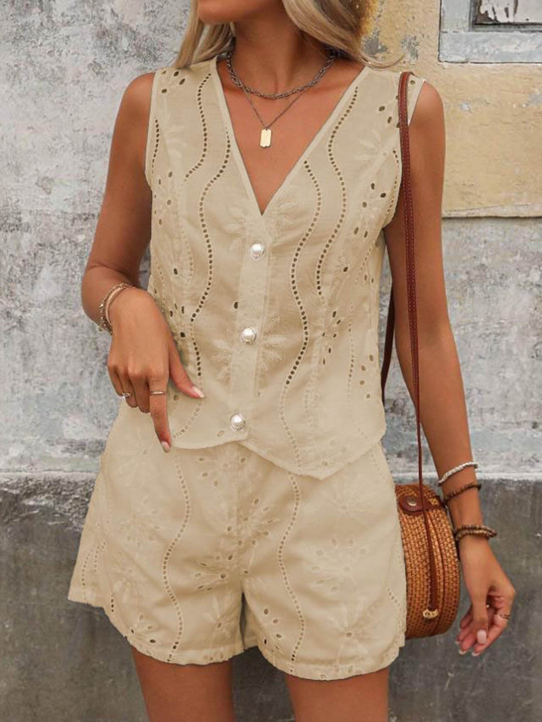

all about you Schifffli Top With Shorts Co-Ords, Beige
