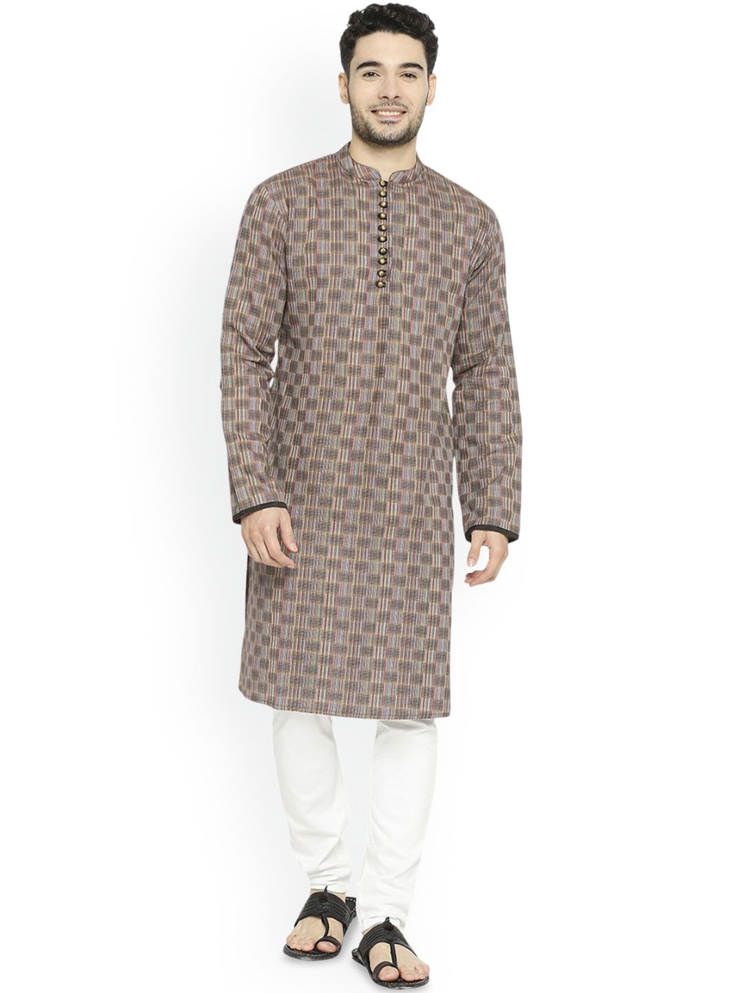 

Arch element Men Geometric Checked Flared Sleeves Mirror Work Kurta, Brown