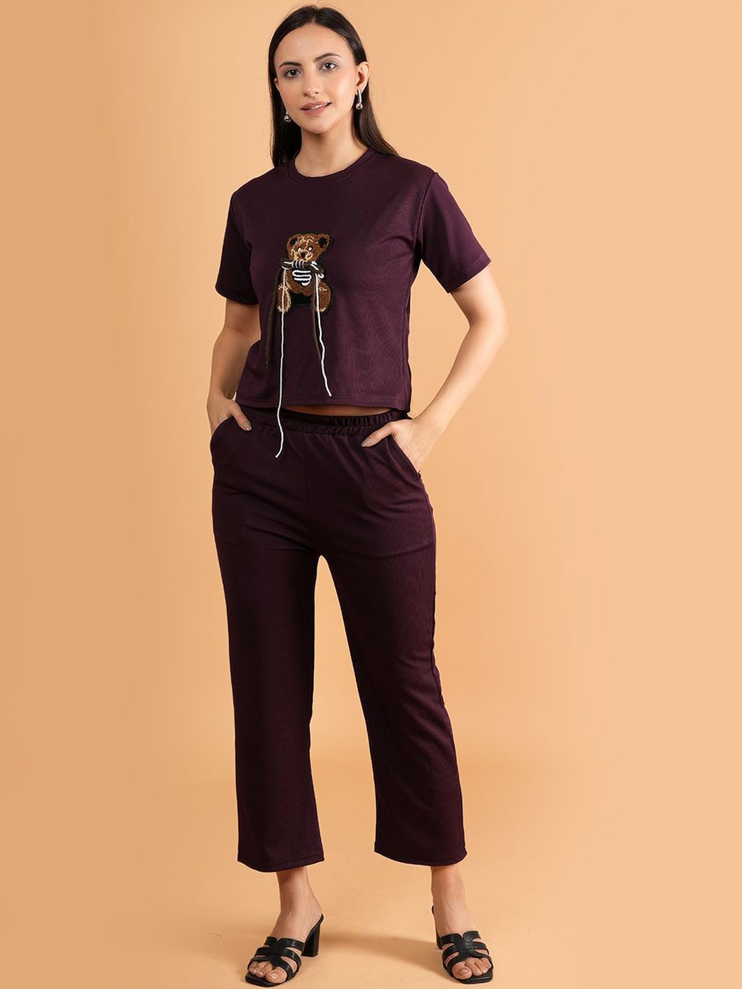 

Dreambe Printed Round Neck T-Shirt With Trousers Co-Ords Set, Brown