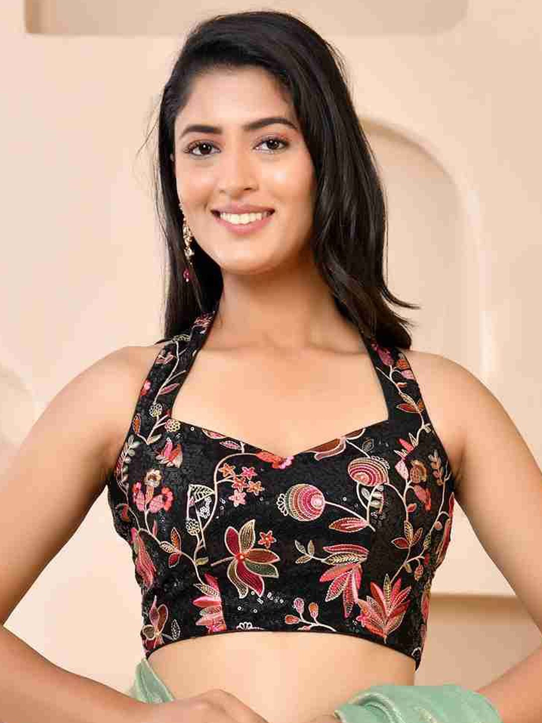 

Amodini Designer Studio Embroidered Halter Neck Saree Blouse, Black