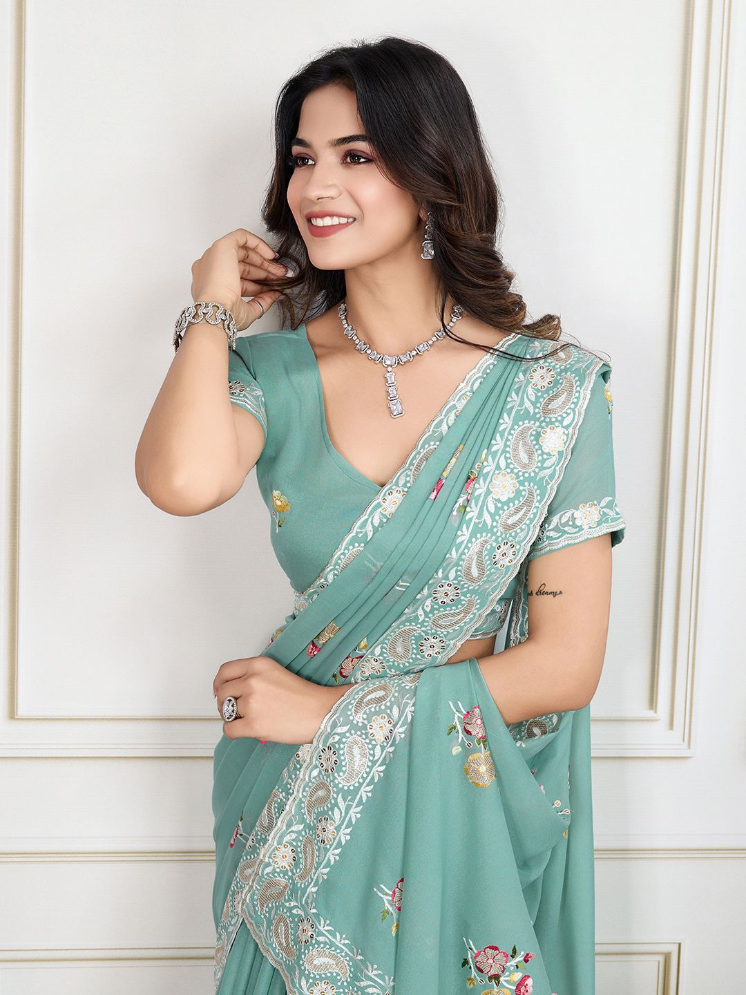

House of Pataudi Embroidered Work Saree With Blouse Piece, Turquoise blue
