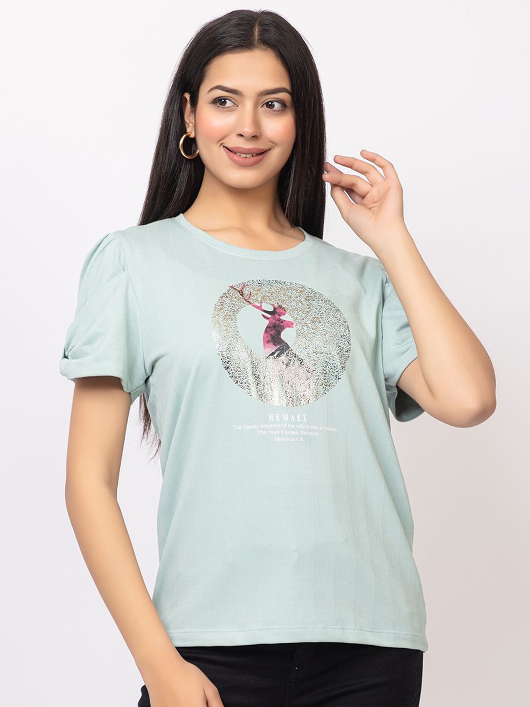 

GFO Puff Sleeve Cotton Top, Green