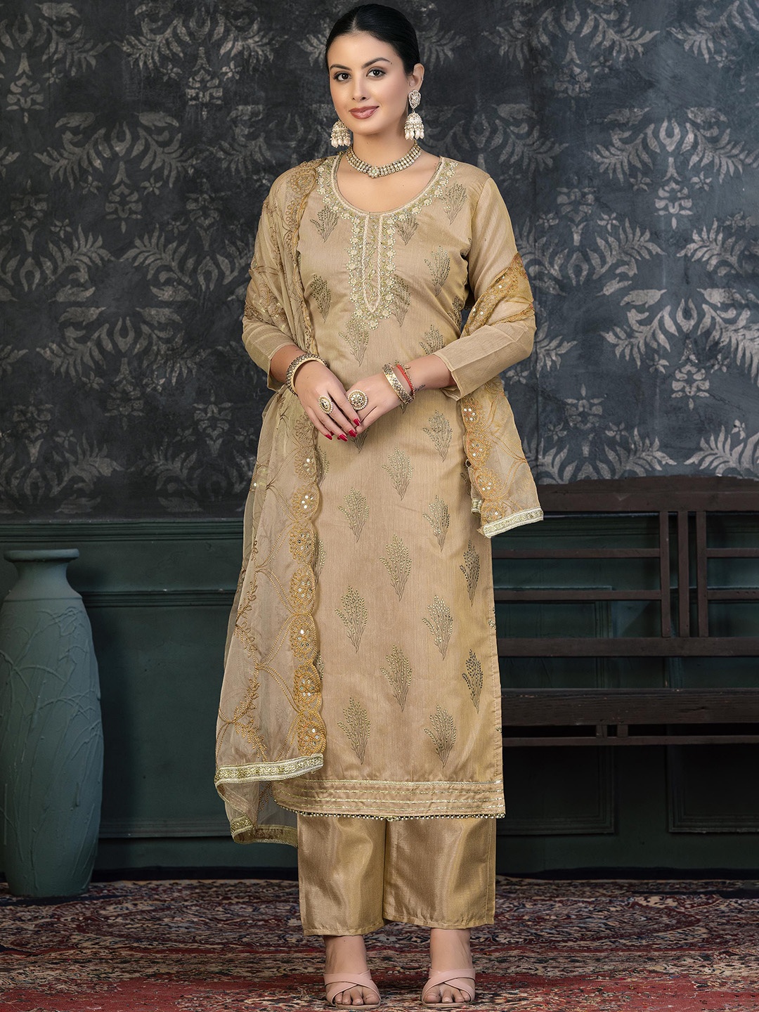 

SAINOOR Embellished Semi-Stitched Dress Material, Beige