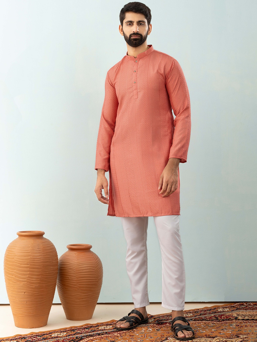 

Shiv Leela Men Embroidered Sequinned Kurta, Peach