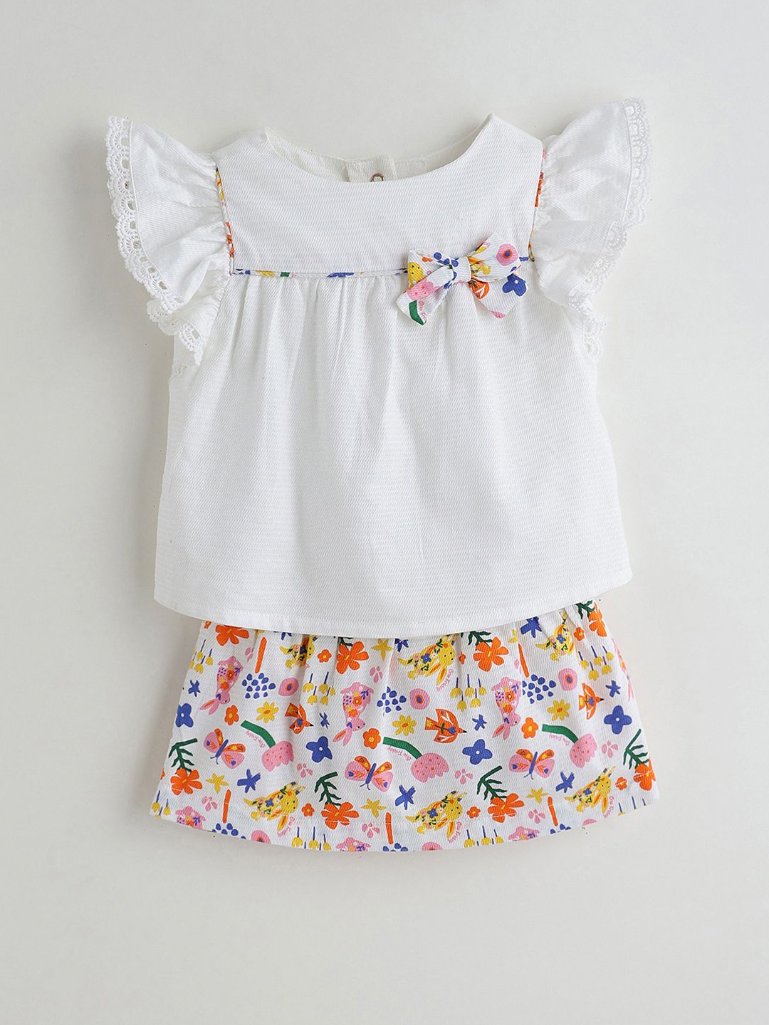 

One Friday Girls Printed Top with Skirt, White