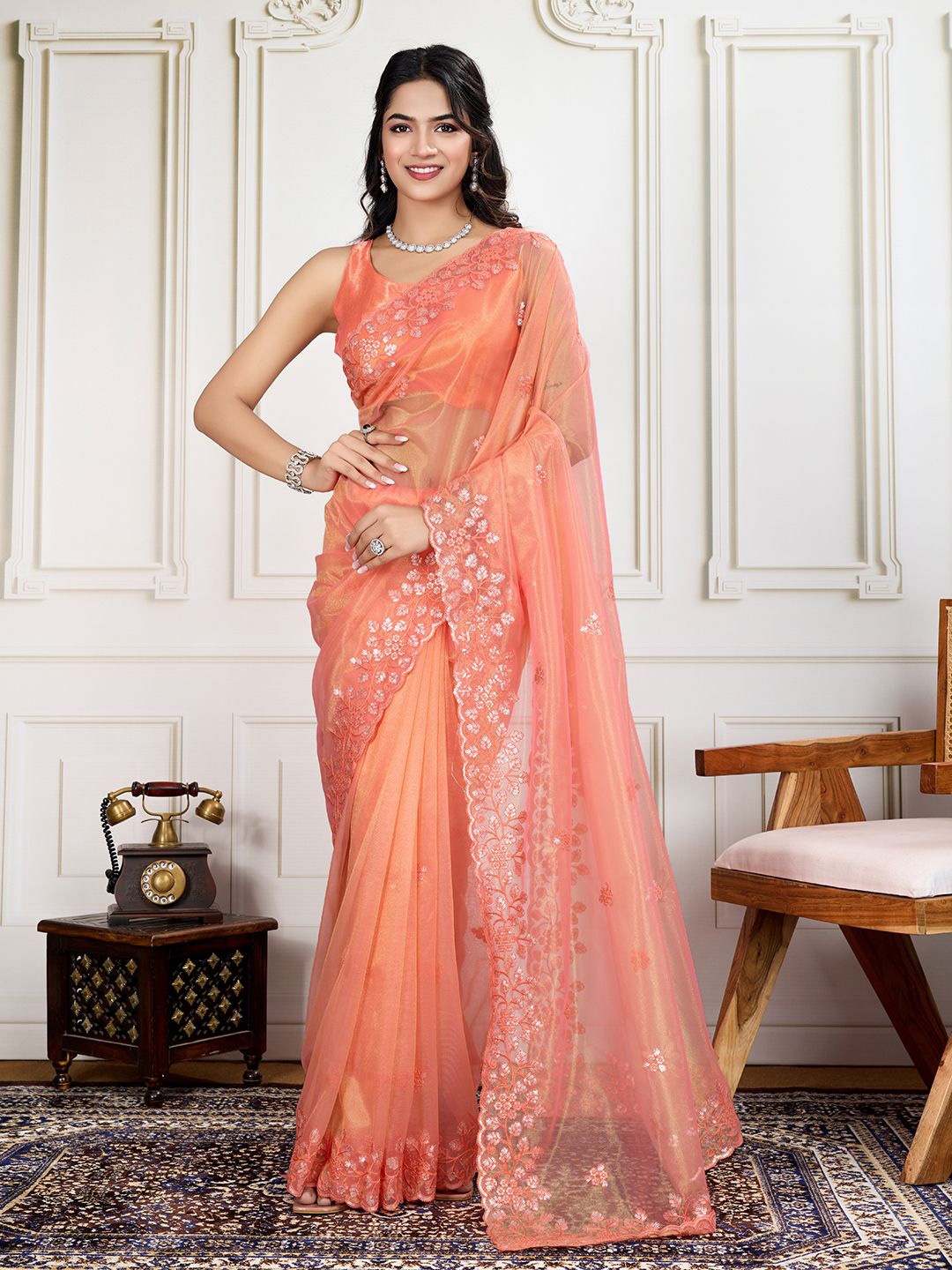 

House of Pataudi Embroidered Work Saree With Blouse Piece, Peach