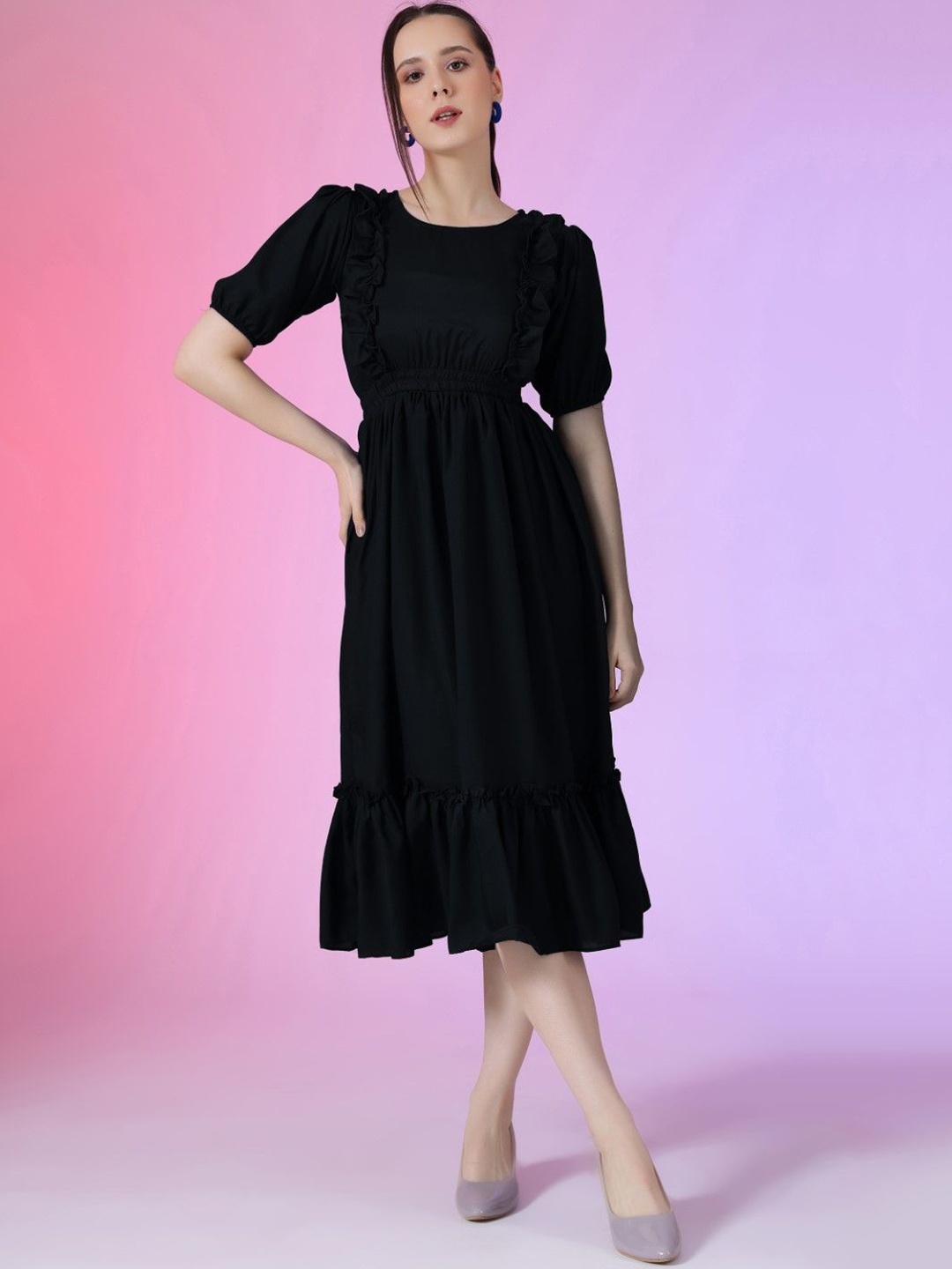 

Raiyani Fashion Puff Sleeve Applique Fit & Flare Dress, Black