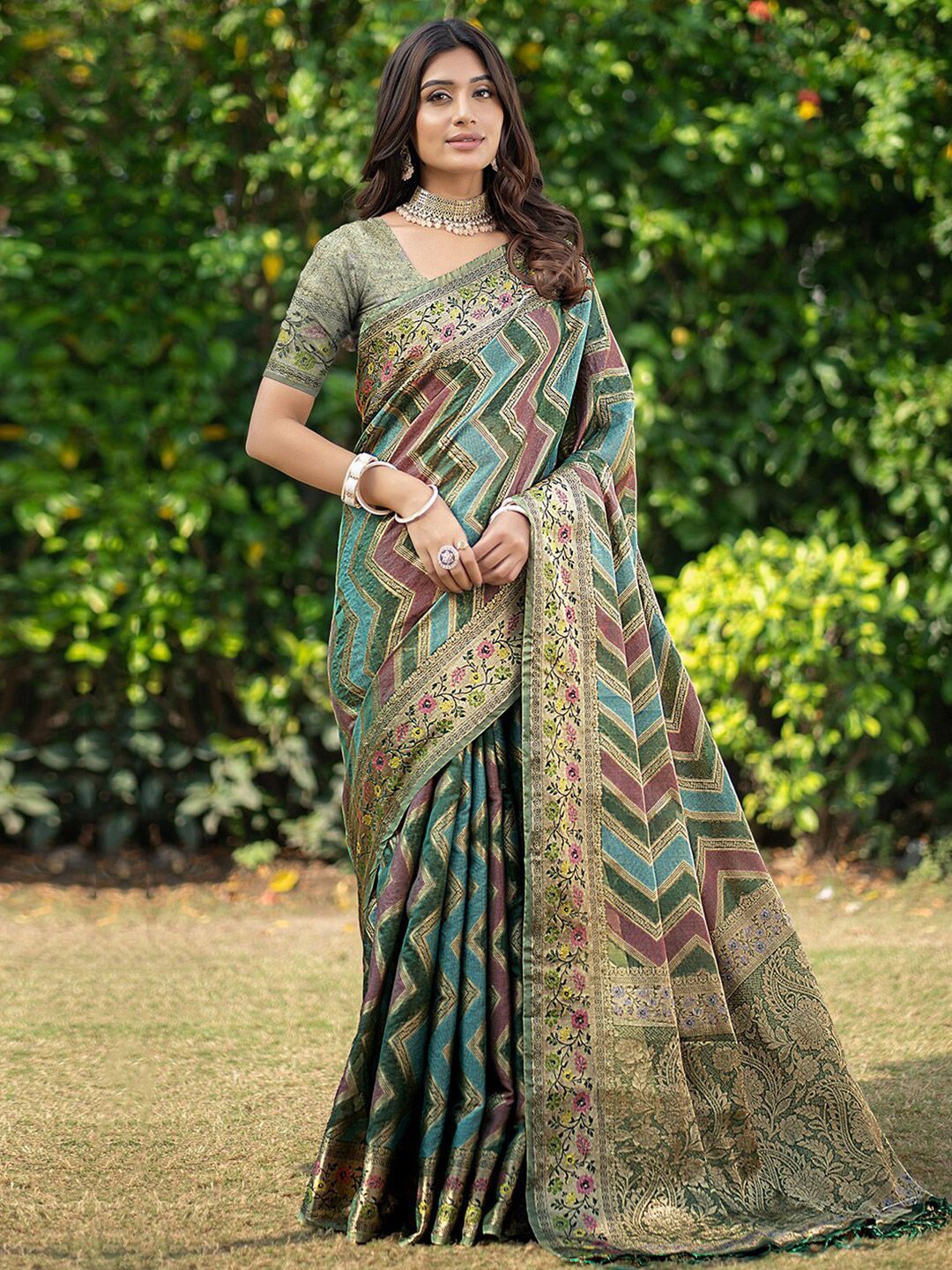 

DIVASTRI Leheriya Zari Organza Leheriya Saree, Blue
