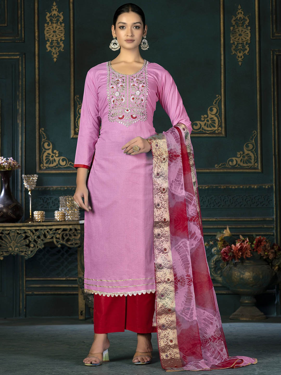 

SAINOOR Embroidered Pure Cotton Semi-Stitched Dress Material, Pink