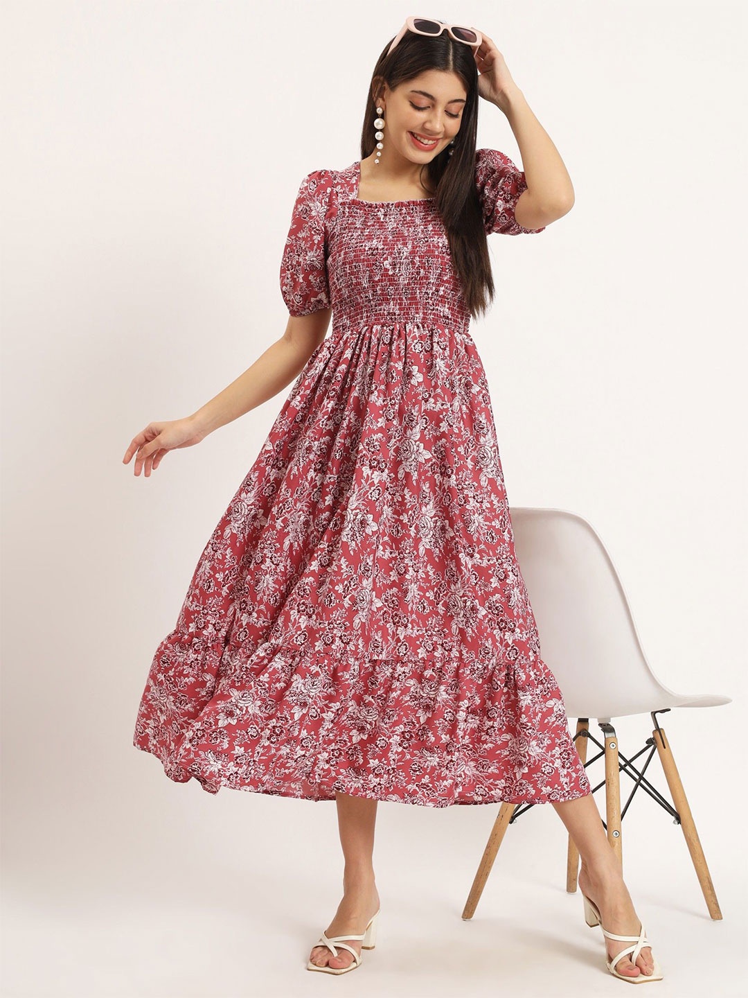 

Jash Creation Floral Print Applique Fit & Flare Maxi Dress, Pink
