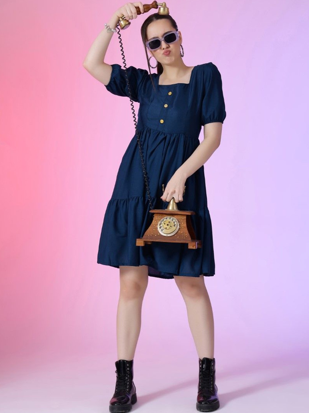 

Jash Creation Puff Sleeve Applique Fit & Flare Dress, Blue