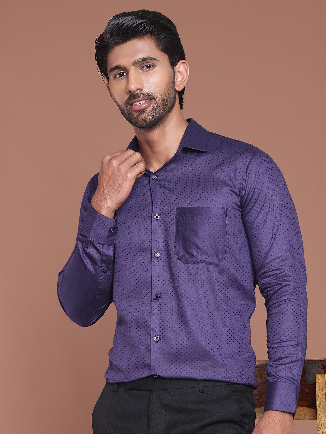 

Indian Needle Men Classic Polka Dot Opaque Printed Formal Shirt, Purple