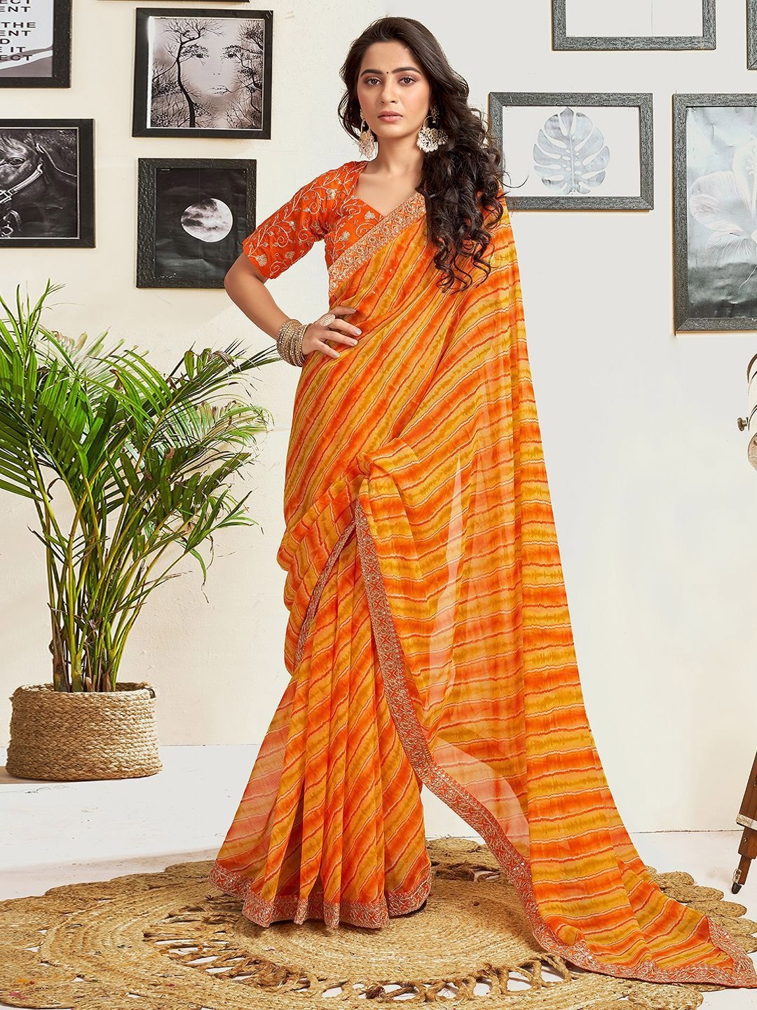 

DIVASTRI Leheriya Embroidered Pure Georgette Leheriya Saree, Orange