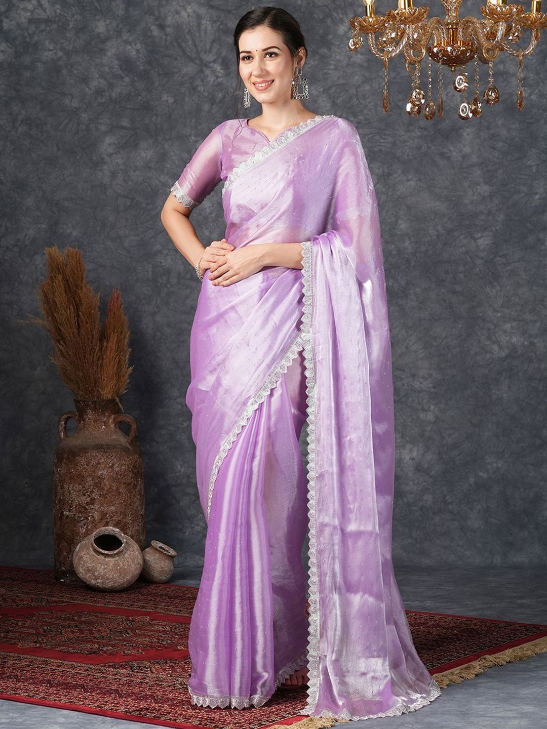 

DIVASTRI Embellished Beads and Stones Pure Chiffon Saree, Purple