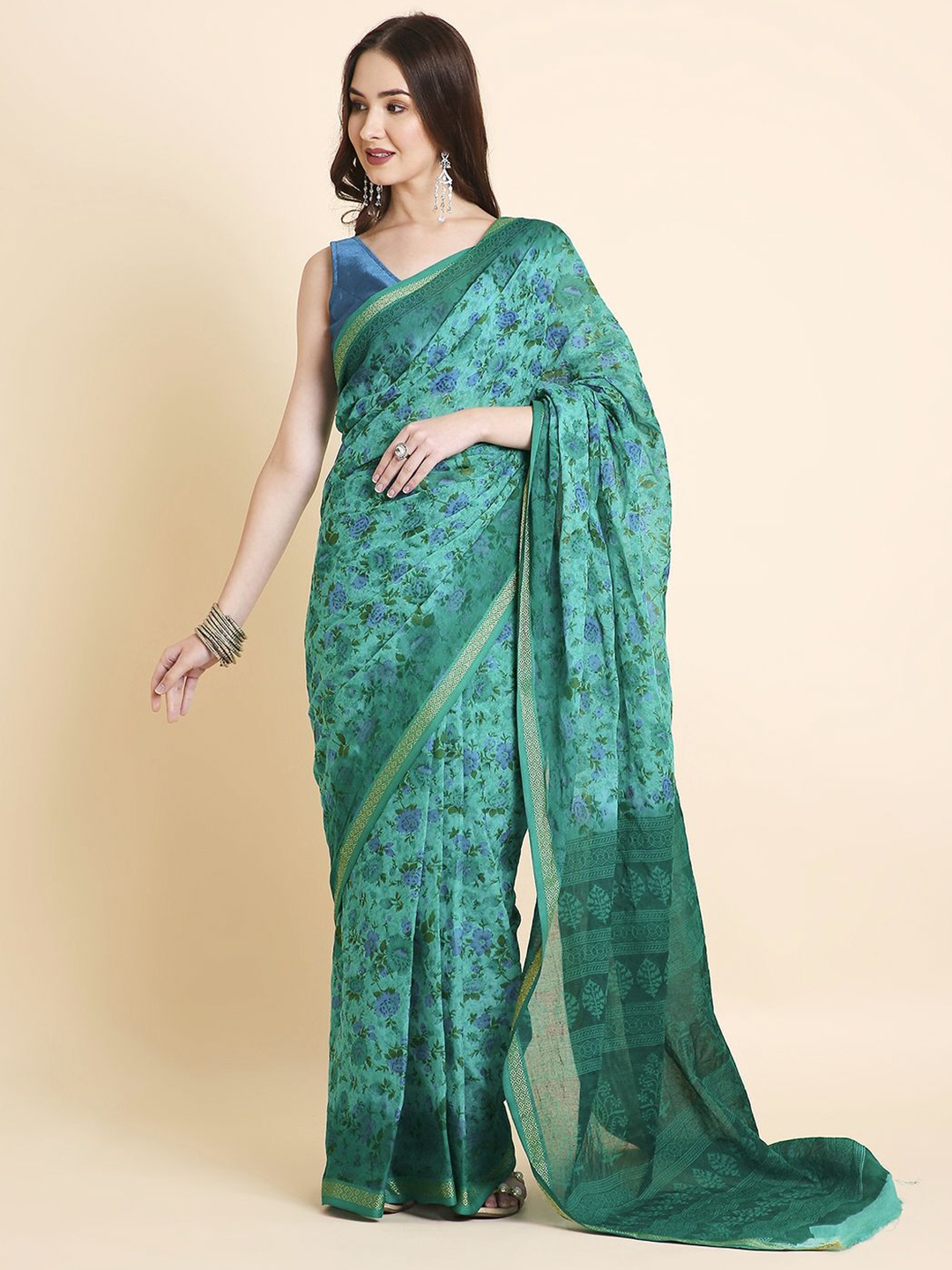 

RATAN Floral Pure Cotton Saree, Green