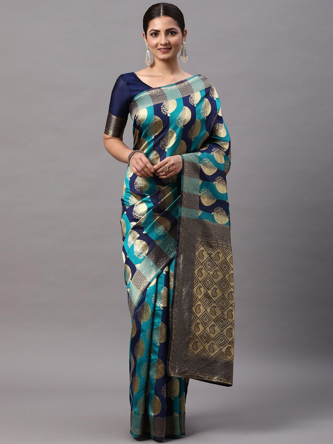 

KALINI Woven Design Zari Silk Blend Kanjeevaram Saree, Navy blue