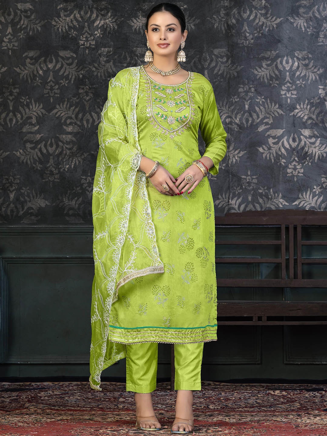 

SAINOOR Embellished Semi-Stitched Dress Material, Green