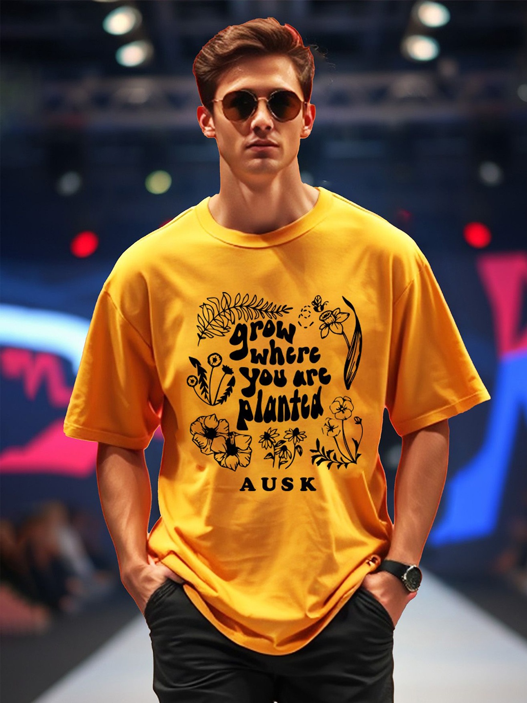 

AUSK Men Printed Applique T-shirt, Yellow