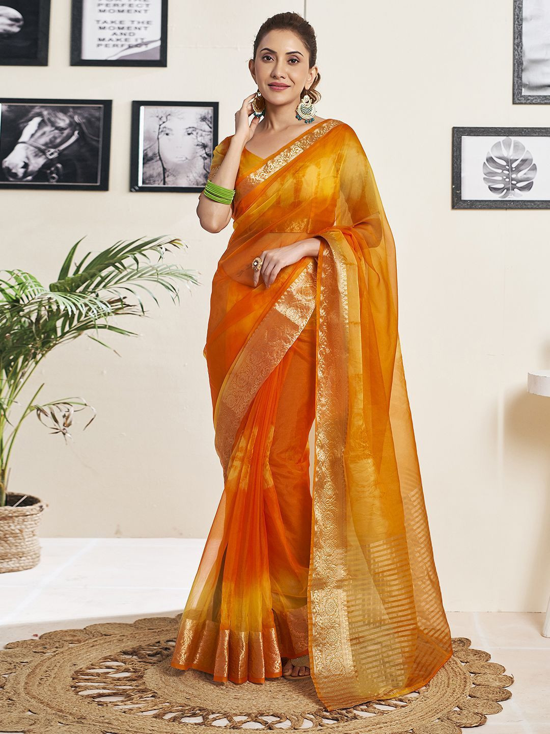 

DIVASTRI Tie and Dye Zari Organza Saree, Orange