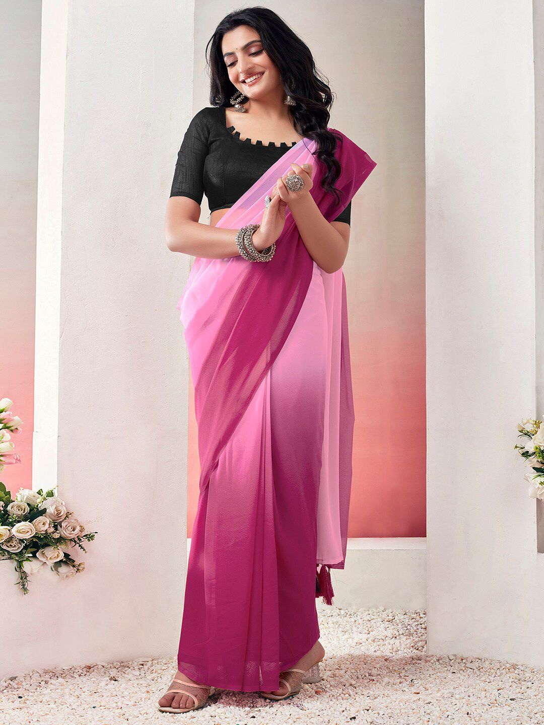 

DIVASTRI Ombre Pure Georgette Ready to Wear Arani Saree, Pink