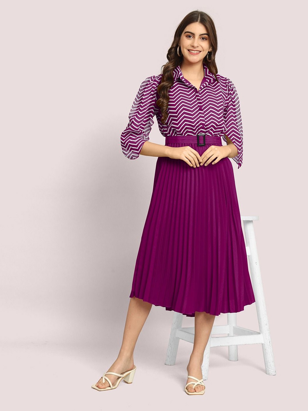 

Jash Creation Striped Applique Georgette Fit & Flare Maxi Dress, Magenta