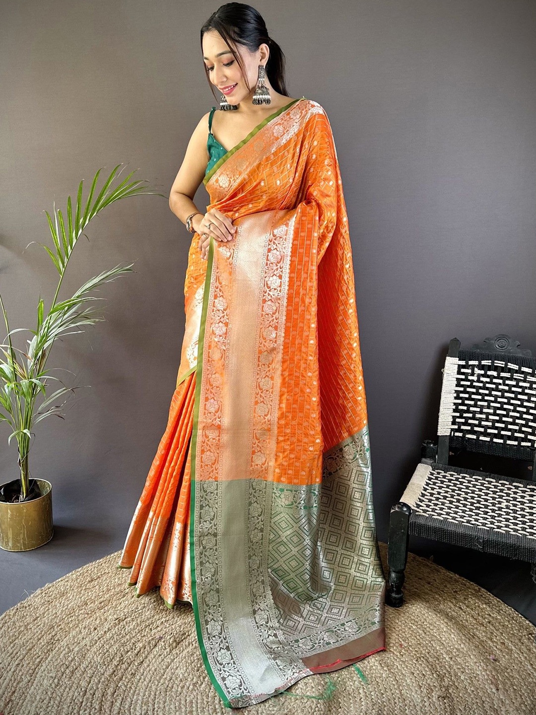 

Mitera Woven Design Zari Silk Blend Saree, Orange