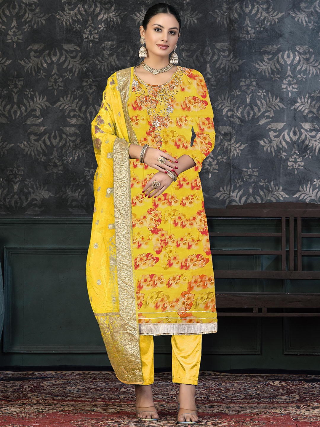 

SAINOOR Embellished Organza Semi-Stitched Dress Material, Yellow