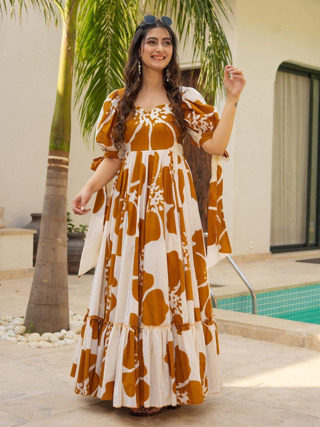 

CANIZZARO Floral Print Puff Sleeve Maxi Dress, Brown