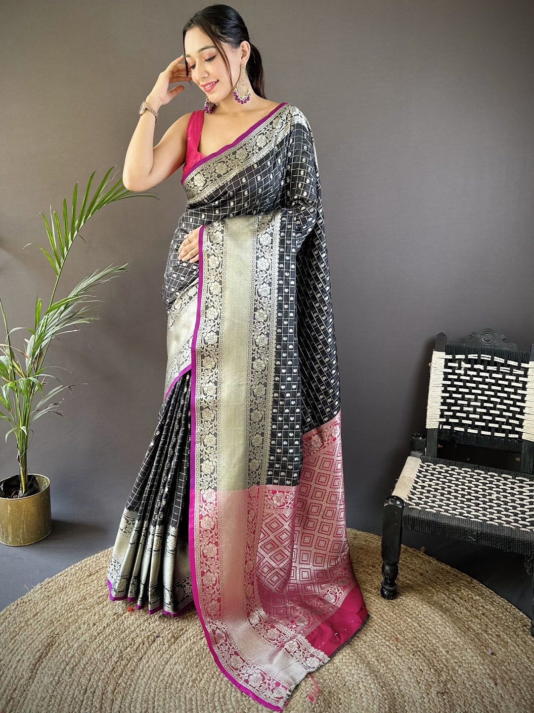 

Mitera Woven Design Zari Silk Blend Saree, Black