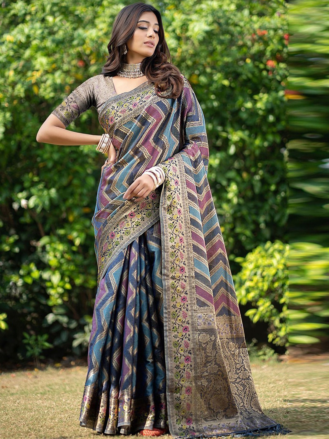 

DIVASTRI Leheriya Zari Organza Leheriya Saree, Blue